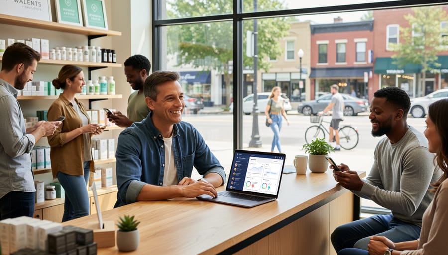 Small business owner holding a smartphone outside a storefront in a local neighborhood setting