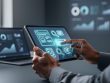 A marketing professional adjusting a tablet with glowing abstract search-ad visuals in a modern office setting.