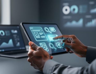 A marketing professional adjusting a tablet with glowing abstract search-ad visuals in a modern office setting.