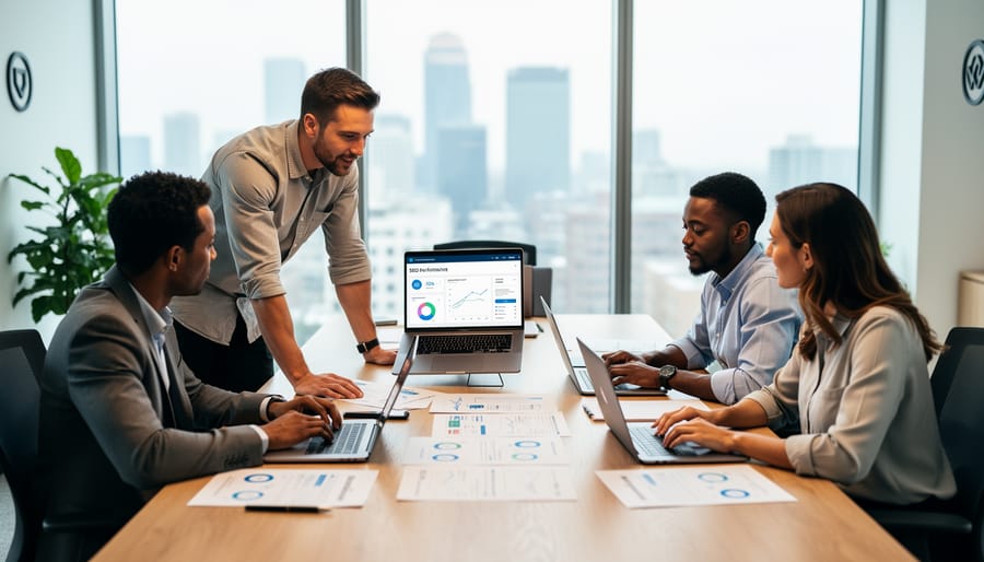 Business team reviewing search marketing strategy on laptops in a conference room