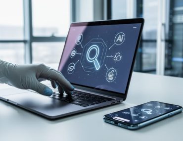 Laptop and smartphone on a modern desk with abstract AI and search icons, illustrating updated SEO tools and spam detection signals in 2026.
